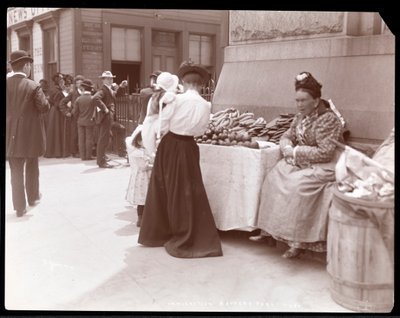 Ansicht eines Obstverkäufers im Battery Park, vermutlich wartend auf Einwanderer von Ellis Island, New York, um 1901 von Byron Company